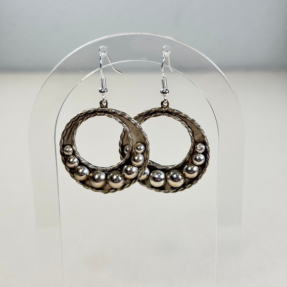 Taxco Jewelry - Vintage Taxco Mexico 925 Sterling Silver Beaded Hoop Drop Earrings Boho **READ**